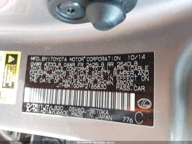 Aukcja sprzedaży 2015 Lexus Es 350, vin: JTHBK1GG9F2165830, numer aukcji: 45353745