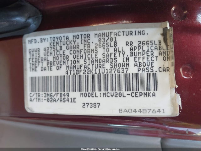 45353758 :رقم المزاد ، 4T1BF22K11U127637 vin ، 2001 Toyota Camry Le V6 مزاد بيع