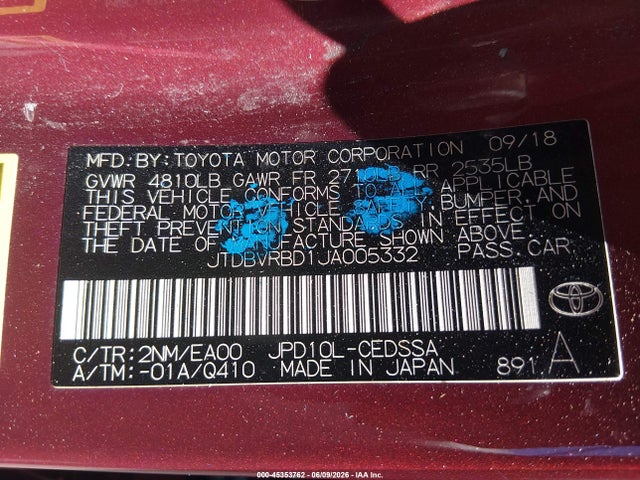 2018 Toyota Mirai მანქანა იყიდება აუქციონზე, vin: JTDBVRBD1JA005332, აუქციონის ნომერი: 45353762
