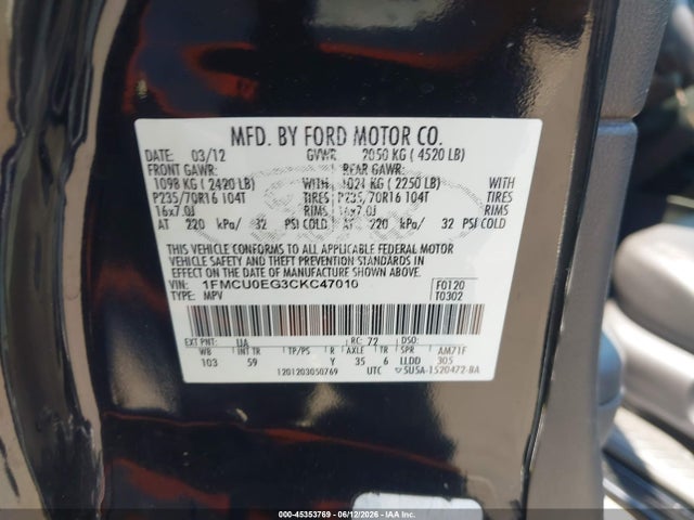 Продажа на аукционе авто 2012 Ford Escape Limited, vin: 1FMCU0EG3CKC47010, номер лота: 45353769