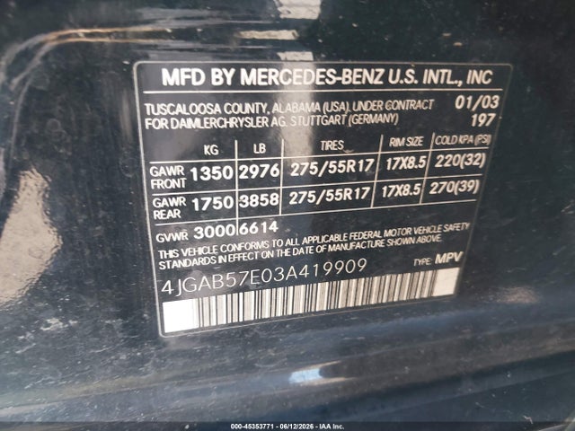 Aukcja sprzedaży 2003 Mercedes-benz Ml 350, vin: 4JGAB57E03A419909, numer aukcji: 45353771