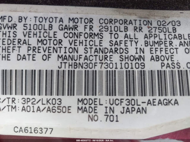 2003 Lexus Ls 430 მანქანა იყიდება აუქციონზე, vin: JTHBN30F730110109, აუქციონის ნომერი: 45353772