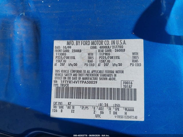Продажа на аукционе авто 2000 Ford Ranger Xl/xlt, vin: 1FTYR14V1YPA50039, номер лота: 45353778