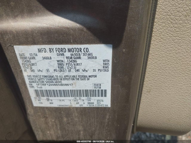 Aukcja sprzedaży 2006 Ford F-150 Stx/xl/xlt, vin: 1FTRF12W86NB08617, numer aukcji: 45353798