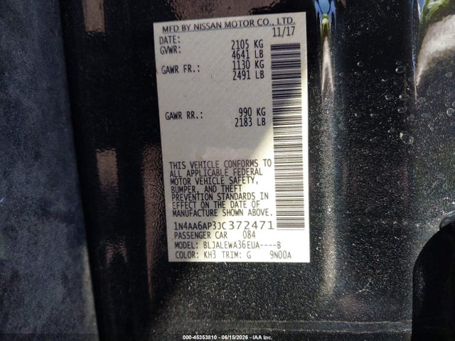 45353810 :رقم المزاد ، 1N4AA6AP3JC372471 vin ، 2018 Nissan Maxima 3.5 Sl مزاد بيع