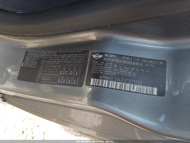 Aukcja sprzedaży 2003 Mini Cooper S, vin: WMWRE33403TD71722, numer aukcji: 45353813