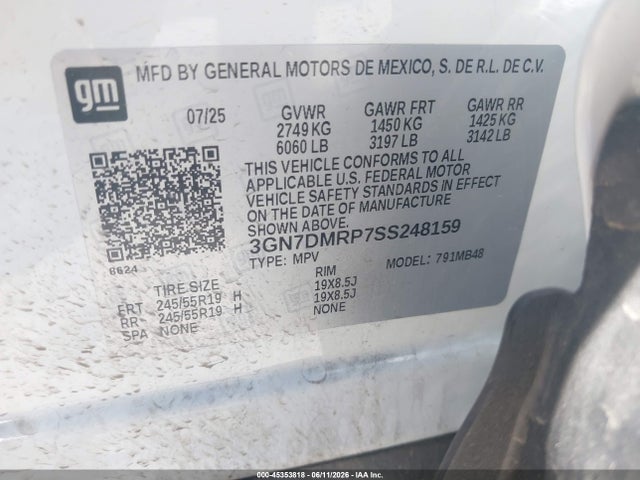 Продажа на аукционе авто 2025 Chevrolet Equinox Ev Lt 1, vin: 3GN7DMRP7SS248159, номер лота: 45353818