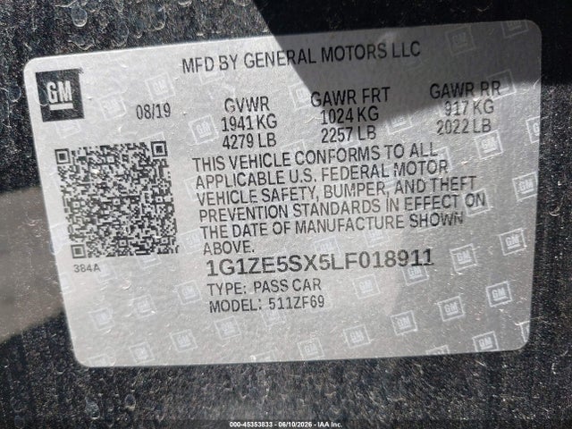 45353833 :رقم المزاد ، 1G1ZE5SX5LF018911 vin ، 2020 Chevrolet Malibu Fwd Premier مزاد بيع