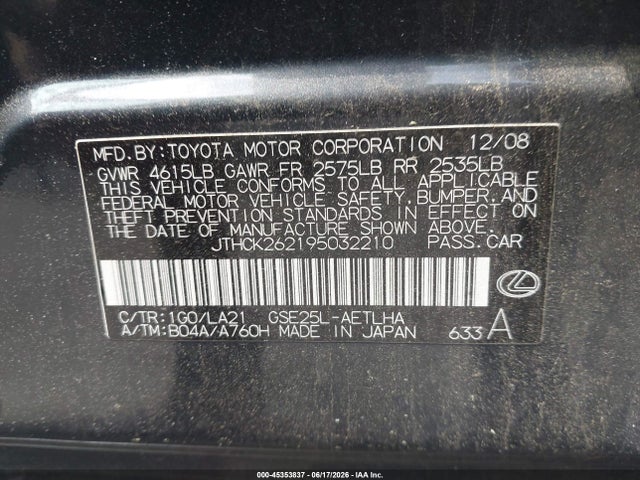 Aukcja sprzedaży 2009 Lexus Is 250, vin: JTHCK262195032210, numer aukcji: 45353837
