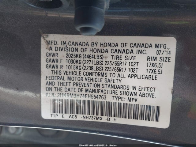 Продажа на аукционе авто 2014 Honda Cr-v Ex-l, vin: 2HKRM3H74EH554263, номер лота: 45353840