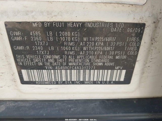 45353851 :رقم المزاد ، 4S4BRCFC4A3312271 vin ، 2010 Subaru Outback 2.5i Premium مزاد بيع