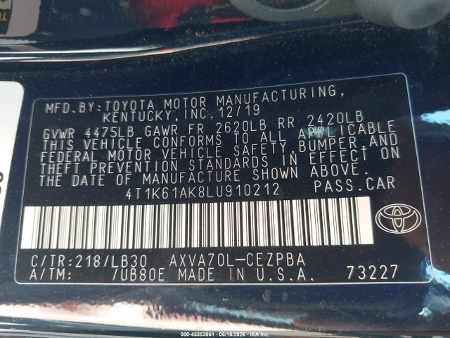 4T1K61AK8LU910212 Toyota CAMRY XSE