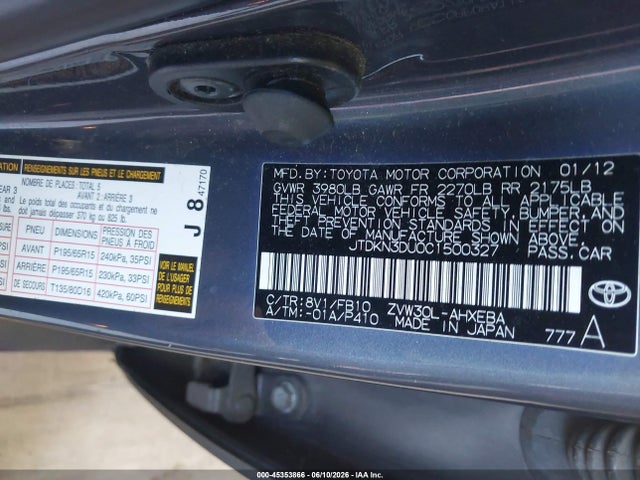 Auction sale of the 2012 Toyota Prius Three, vin: JTDKN3DU0C1500327, lot number: 45353866