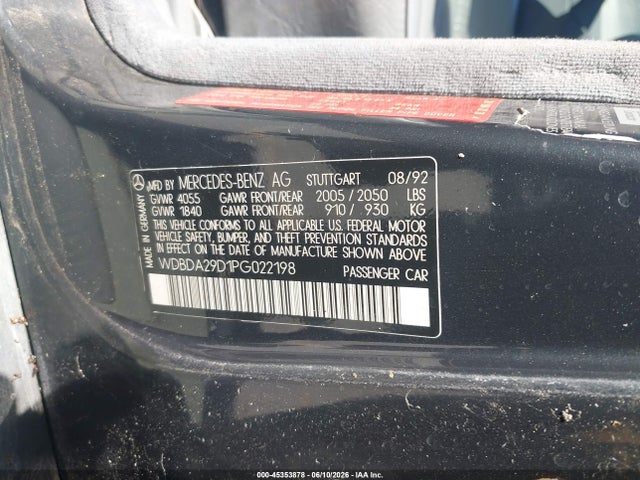 45353878 :رقم المزاد ، WDBDA29D1PG022198 vin ، 1993 Mercedes-benz 190 E 2.6 مزاد بيع
