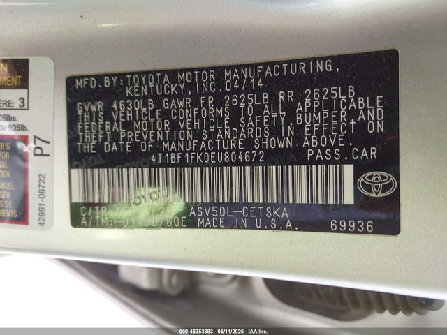 Aukcja sprzedaży 2014 Toyota Camry Se, vin: 4T1BF1FK0EU804672, numer aukcji: 45353883