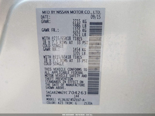 Nissan Pathfinder S 2015 5N1AR2MN2FC704263 Image 9
