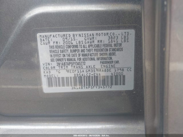Aukcja sprzedaży 2015 Nissan Sentra S, vin: 3N1AB7AP5FY345772, numer aukcji: 45353913