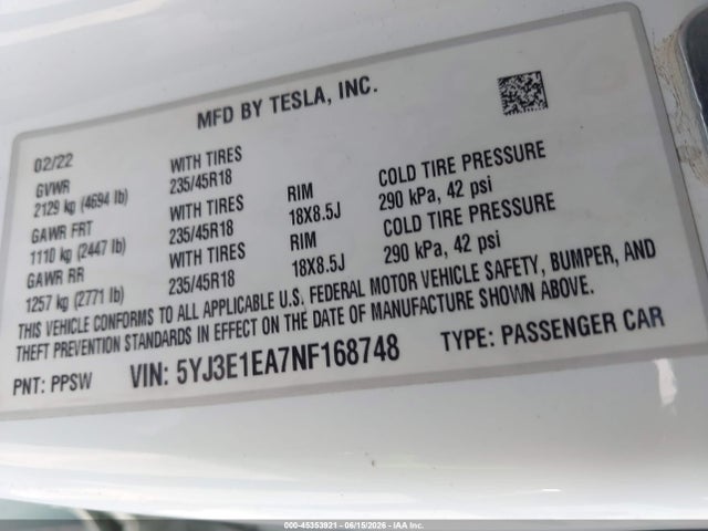 Tesla Model 3 Rear-wheel Drive 2022 5YJ3E1EA7NF168748 Image 9