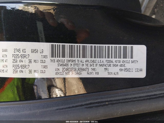 Aukcja sprzedaży 2018 Dodge Grand Caravan Gt, vin: 2C4RDGEG0JR284473, numer aukcji: 45353929
