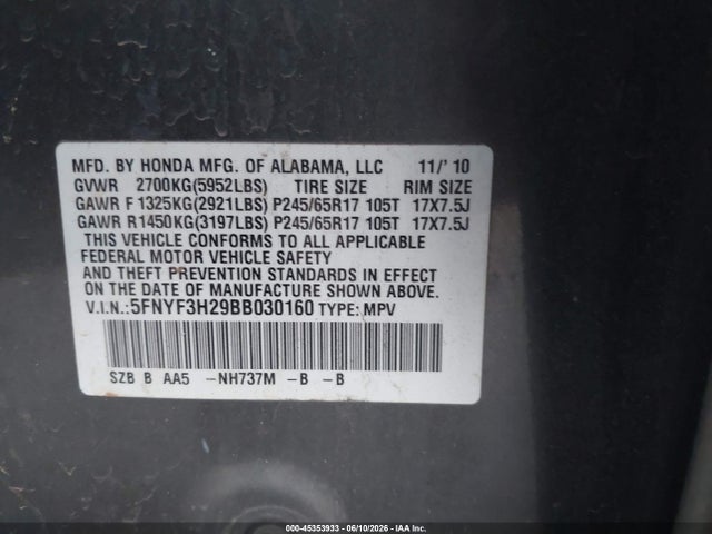 2011 Honda Pilot Lx მანქანა იყიდება აუქციონზე, vin: 5FNYF3H29BB030160, აუქციონის ნომერი: 45353933