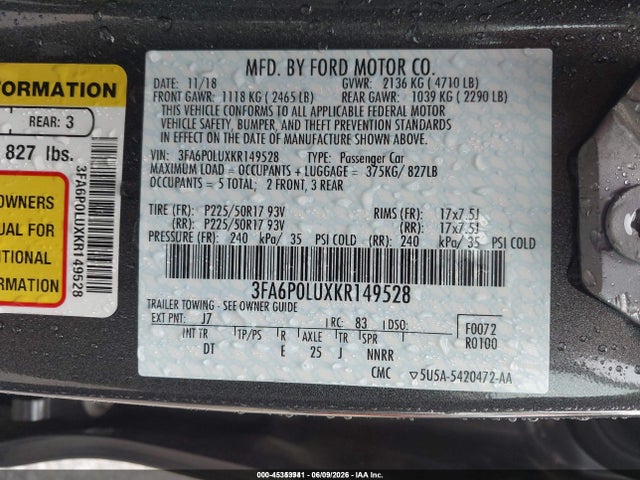 2019 Ford Fusion Hybrid Se მანქანა იყიდება აუქციონზე, vin: 3FA6P0LUXKR149528, აუქციონის ნომერი: 45353941
