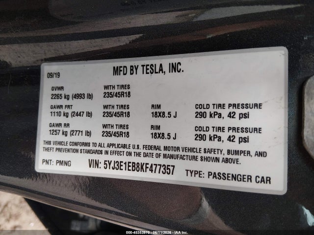 45353970 :رقم المزاد ، 5YJ3E1EB8KF477357 vin ، 2019 Tesla Model 3 Long Range/performance مزاد بيع