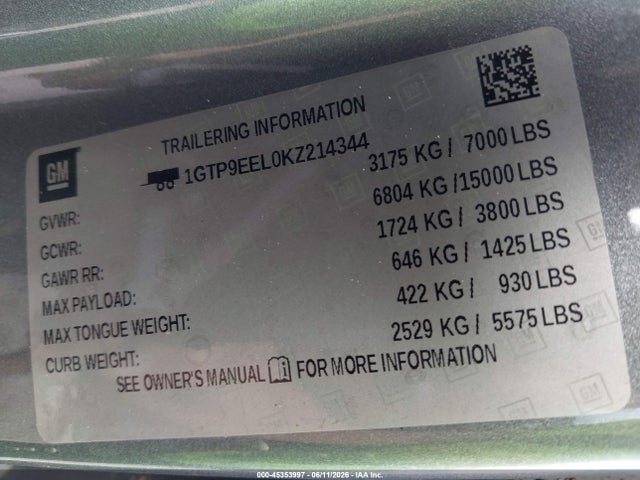 Продаж на аукціоні авто 2019 Gmc Sierra 1500 At4, vin: 1GTP9EEL0KZ214344, номер лоту: 45353997