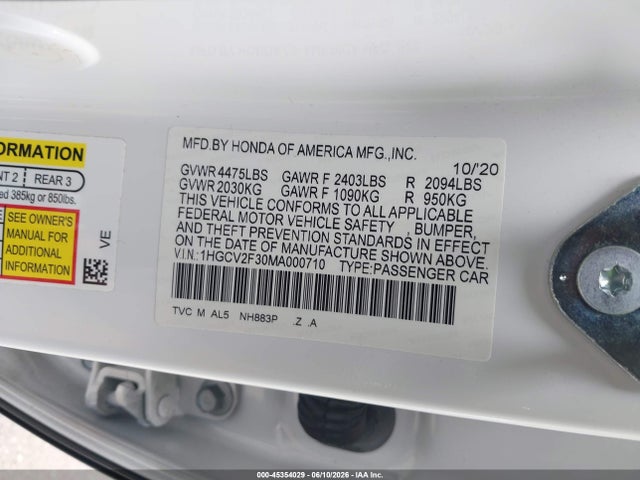 Продаж на аукціоні авто 2021 Honda Accord Sport 2.0t, vin: 1HGCV2F30MA000710, номер лоту: 45354029