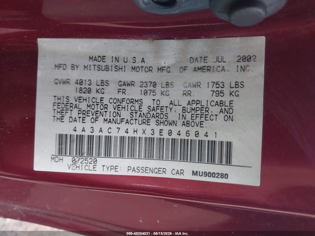 Aukcja sprzedaży 2003 Mitsubishi Eclipse Gts, vin: 4A3AC74HX3E046041, numer aukcji: 45354031