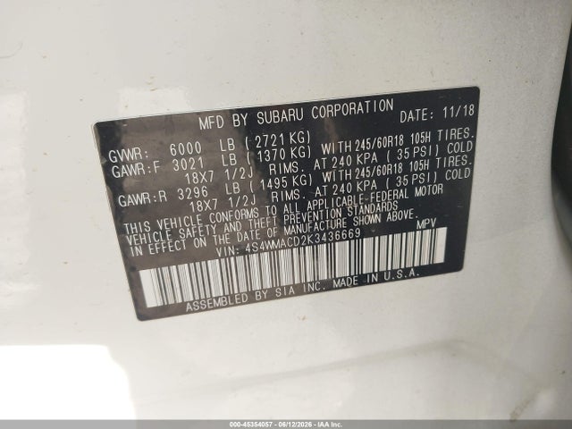 Продаж на аукціоні авто 2019 Subaru Ascent Premium, vin: 4S4WMACD2K3436669, номер лоту: 45354057