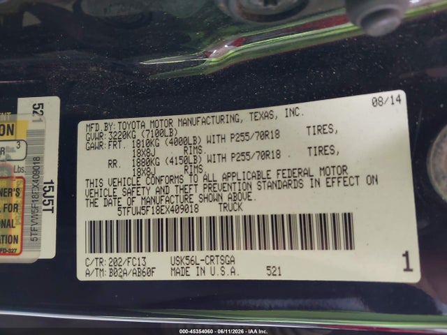 45354060 :رقم المزاد ، 5TFUW5F18EX409018 vin ، 2014 Toyota Tundra Sr5 5.7l V8 مزاد بيع