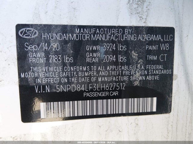 Продаж на аукціоні авто 2020 Hyundai Elantra Sel, vin: 5NPD84LF3LH627512, номер лоту: 45354069