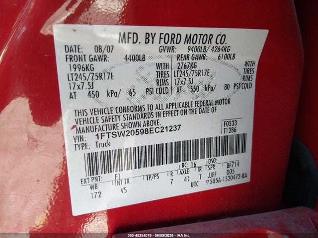Продажа на аукционе авто 2008 Ford F-250 King Ranch/lariat/xl/xlt, vin: 1FTSW20598EC21237, номер лота: 45354079