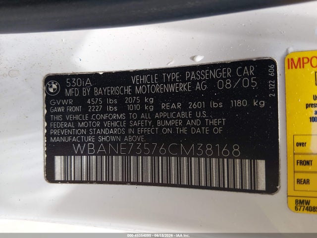 Продаж на аукціоні авто 2006 Bmw 530i, vin: WBANE73576CM38168, номер лоту: 45354095