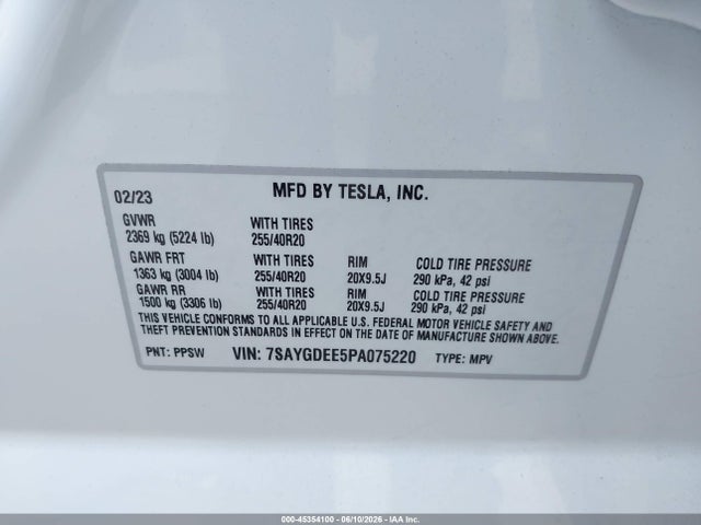 45354100 :رقم المزاد ، 7SAYGDEE5PA075220 vin ، 2023 Tesla Model Y Awd/long Range Dual Motor All-wheel Drive مزاد بيع