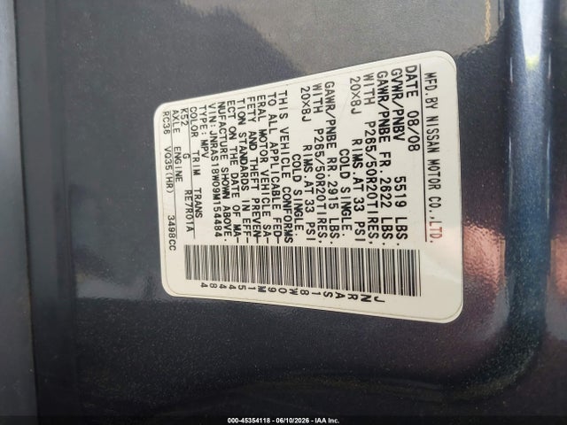 Aukcja sprzedaży 2009 Infiniti Fx35, vin: JNRAS18W09M154484, numer aukcji: 45354118