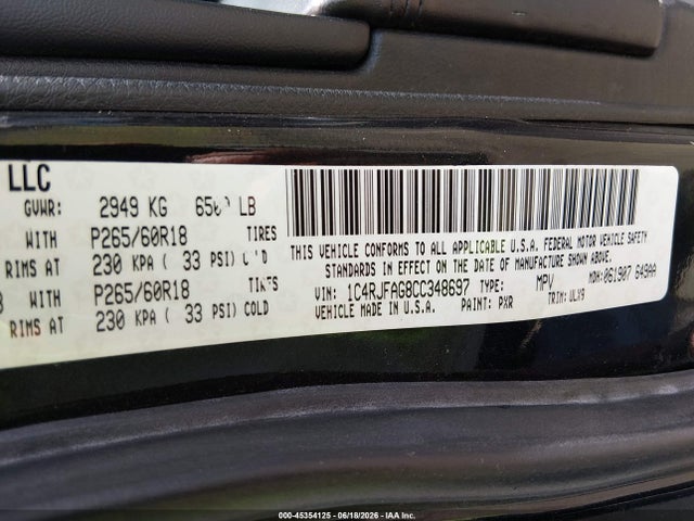 45354125 :رقم المزاد ، 1C4RJFAG8CC348697 vin ، 2012 Jeep Grand Cherokee Laredo مزاد بيع
