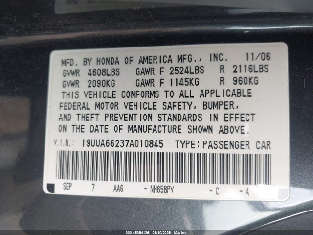 2007 Acura Tl 3.2 მანქანა იყიდება აუქციონზე, vin: 19UUA66237A010845, აუქციონის ნომერი: 45354126