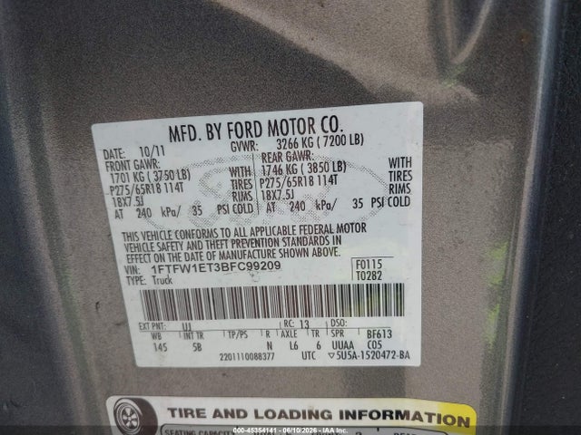 Продаж на аукціоні авто 2011 Ford F-150 Fx4, vin: 1FTFW1ET3BFC99209, номер лоту: 45354141