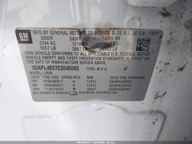45354171 :رقم المزاد ، 3GNFL4E57CS545582 vin ، 2012 Chevrolet Captiva Sport Ltz مزاد بيع