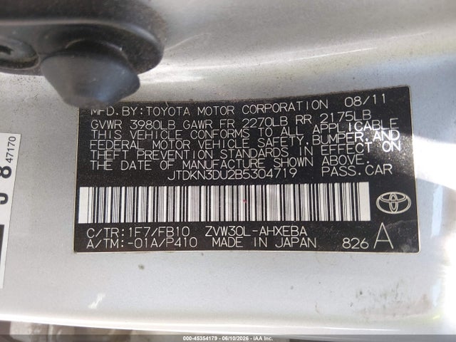 Auction sale of the 2011 Toyota Prius, vin: JTDKN3DU2B5304719, lot number: 45354179