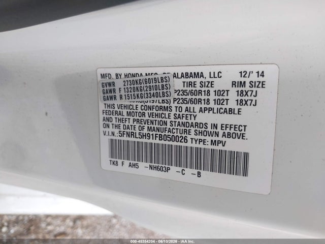 Aukcja sprzedaży 2015 Honda Odyssey Touring/touring Elite, vin: 5FNRL5H91FB050026, numer aukcji: 45354204