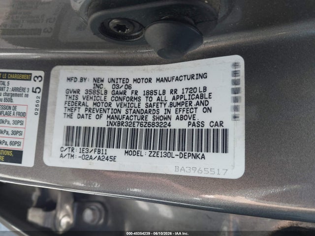 Продаж на аукціоні авто 2006 Toyota Corolla Le, vin: 1NXBR32E76Z683224, номер лоту: 45354239