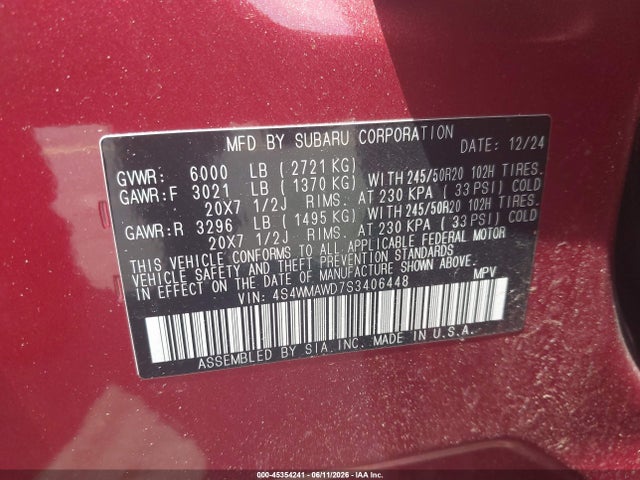 Aukcja sprzedaży 2025 Subaru Ascent Onyx Edition Limited 7-passenger, vin: 4S4WMAWD7S3406448, numer aukcji: 45354241