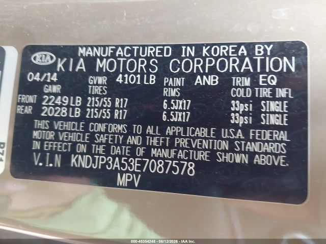45354248 :رقم المزاد ، KNDJP3A53E7087578 vin ، 2014 Kia Soul + مزاد بيع