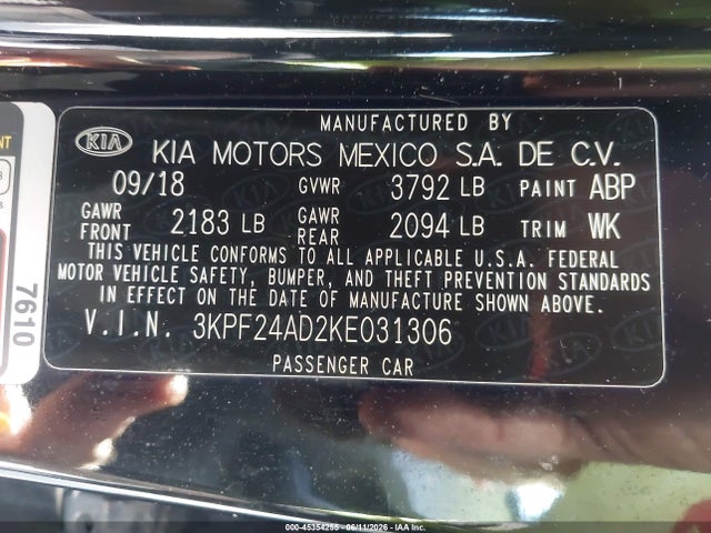 45354255 :رقم المزاد ، 3KPF24AD2KE031306 vin ، 2019 Kia Forte Lxs مزاد بيع