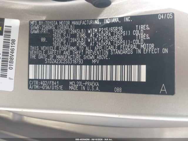 2005 Toyota Sienna Le მანქანა იყიდება აუქციონზე, vin: 5TDZA23C25S318793, აუქციონის ნომერი: 45354290