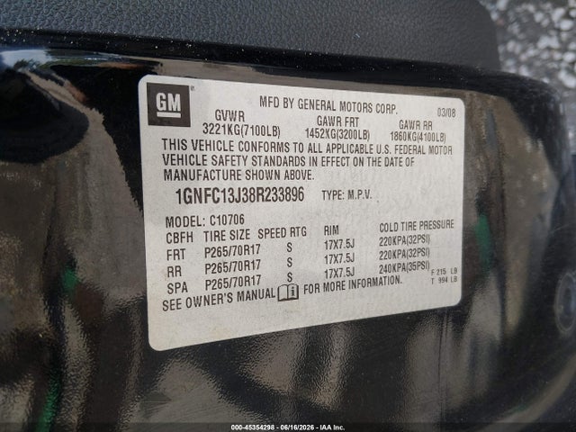 Продажа на аукционе авто 2008 Chevrolet Tahoe Lt, vin: 1GNFC13J38R233896, номер лота: 45354298