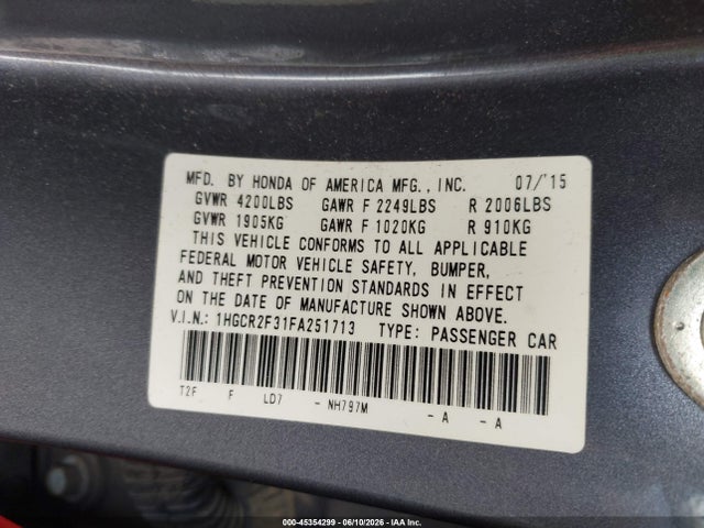 Aukcja sprzedaży 2015 Honda Accord Lx, vin: 1HGCR2F31FA251713, numer aukcji: 45354299
