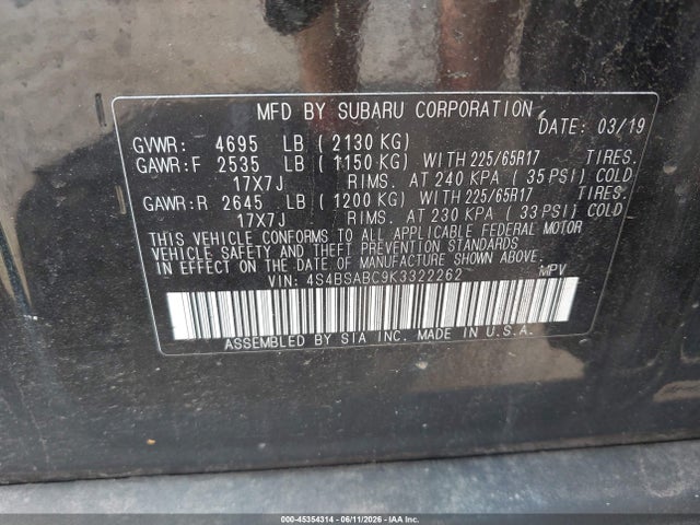 45354314 :رقم المزاد ، 4S4BSABC9K3322262 vin ، 2019 Subaru Outback 2.5i مزاد بيع
